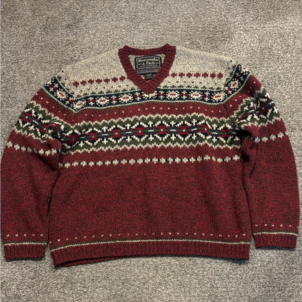 Abercrombie & Fitch Sweater Men's Size L Nordic‎ Fair Isle 100% Wool 90s Vintage